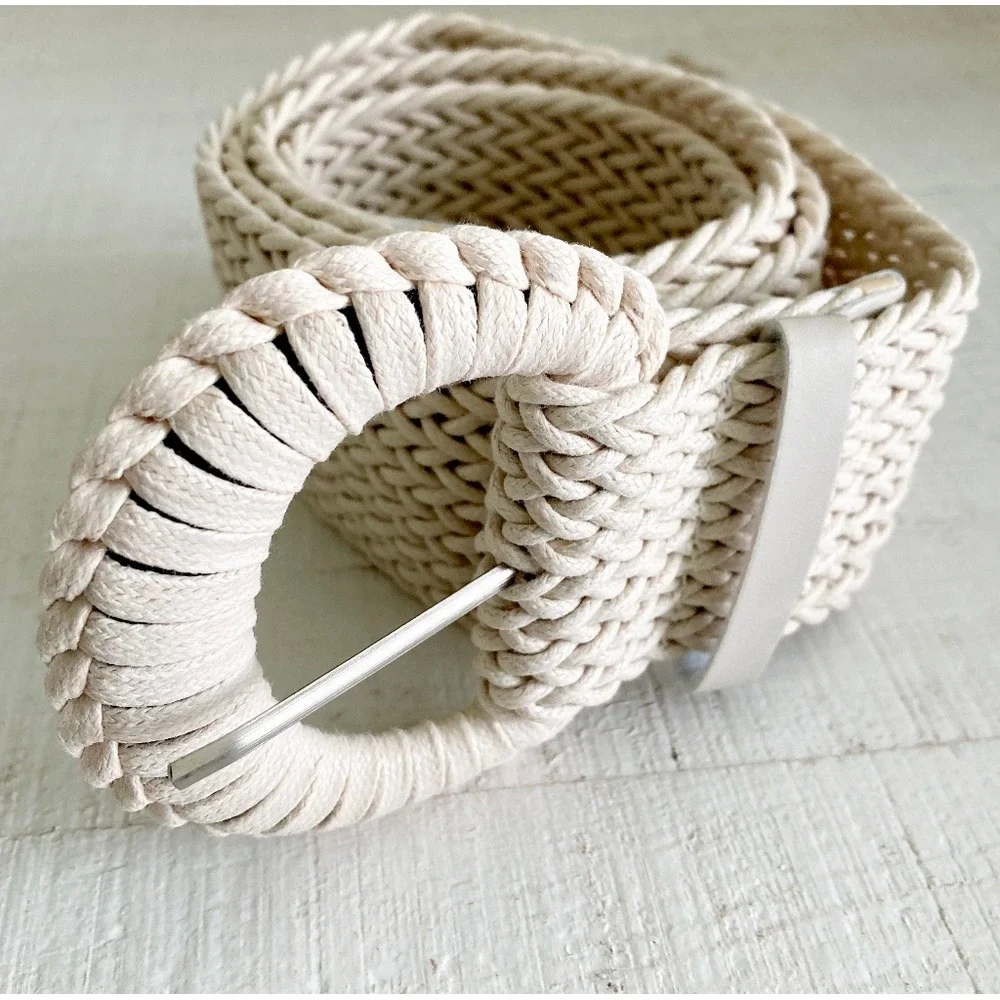 Natural Woven Faux Straw Wide Waist Belt Chunky Round Buckle Cottage Boho summer
